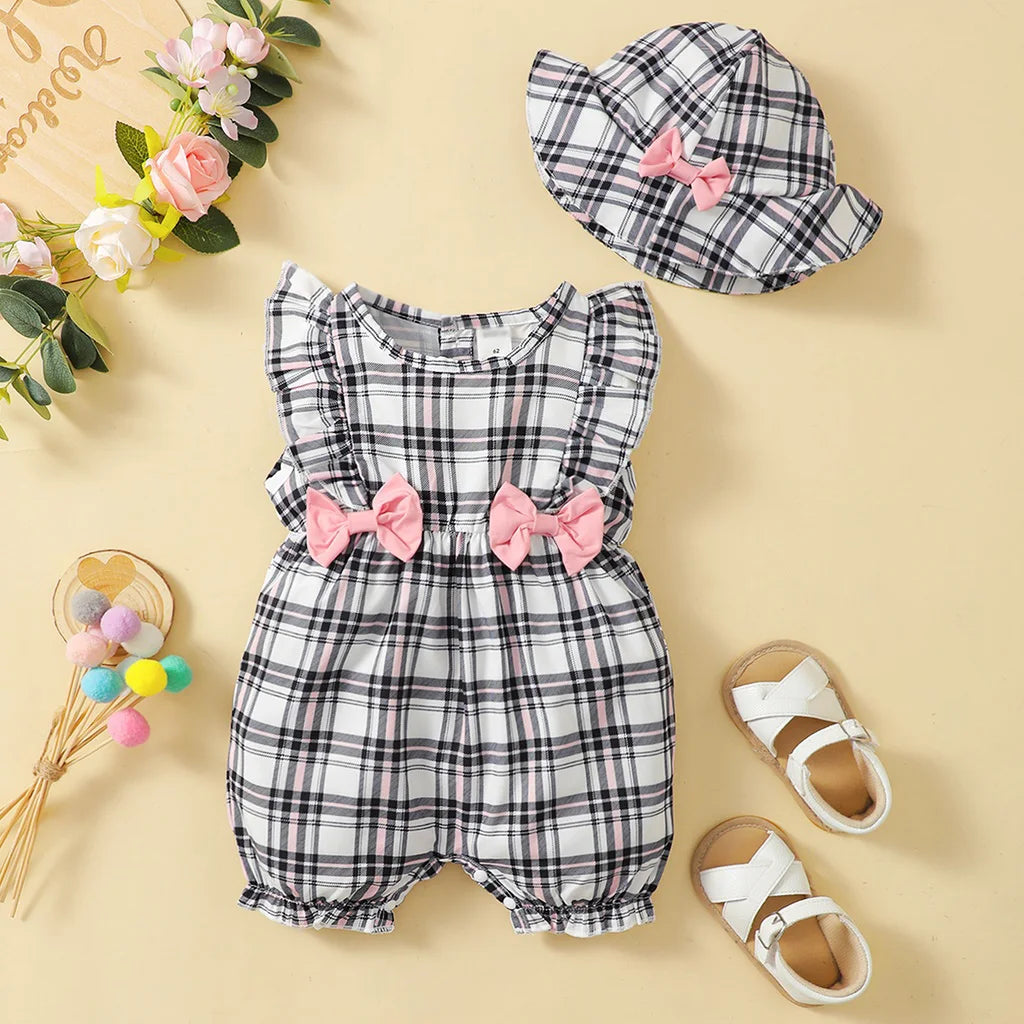 SunnyBloom Plaid Romper & Hat Set ā 0-18 Months