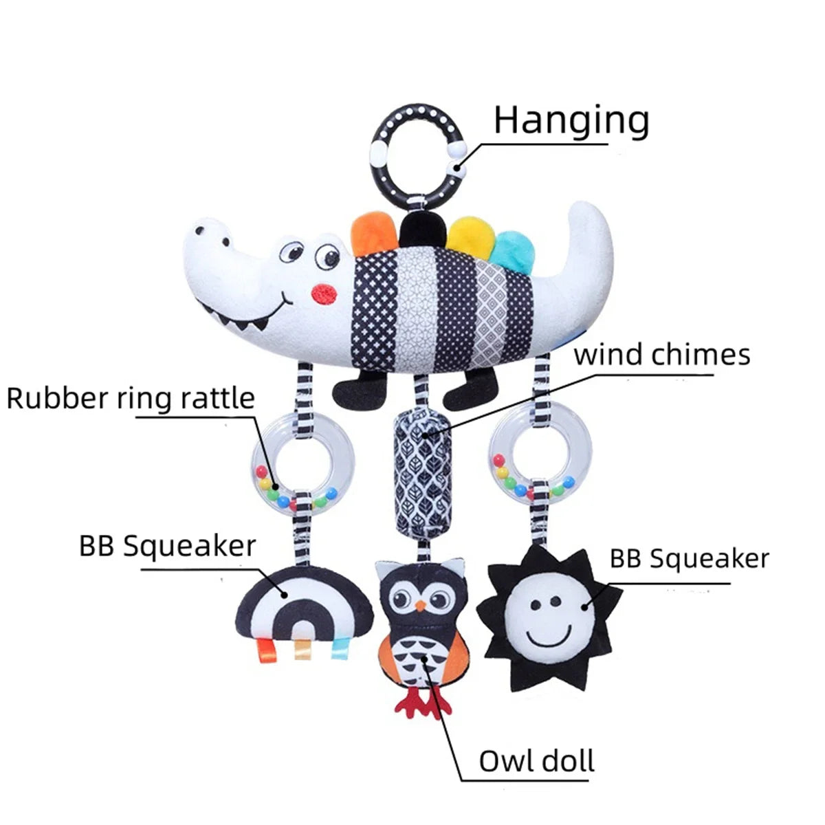 CrocCuddle Black & White Rattle – Baby Stroller Toy