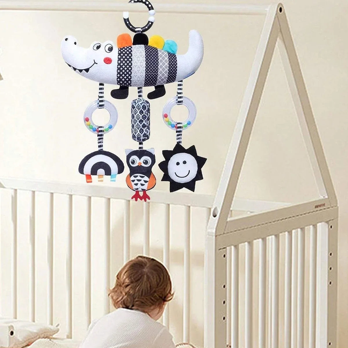 CrocCuddle Black & White Rattle – Baby Stroller Toy