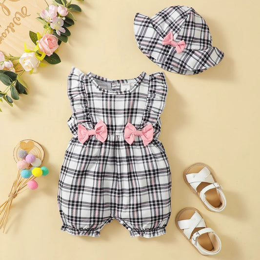 SunnyBloom Plaid Romper &amp; Hat Set – 0-18 Months