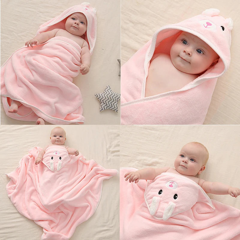 Baby Bathrobe & Hooded Towel – Soft Cartoon Fleece Blanket for Newborns