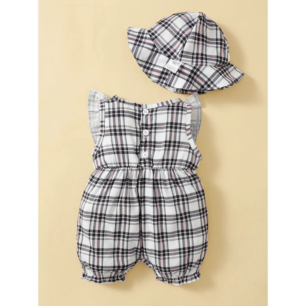 SunnyBloom Plaid Romper &amp; Hat Set – 0-18 Months