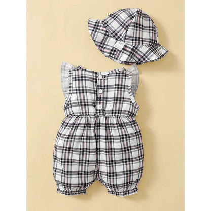 SunnyBloom Plaid Romper &amp; Hat Set – 0-18 Months