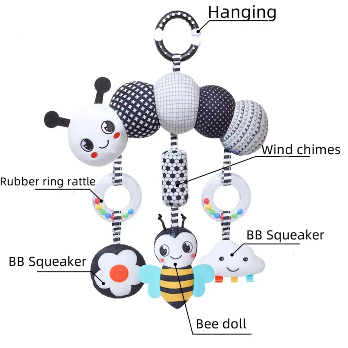 CrocCuddle Black & White Rattle – Baby Stroller Toy