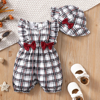 SunnyBloom Plaid Romper &amp; Hat Set – 0-18 Months