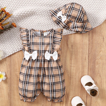 SunnyBloom Plaid Romper &amp; Hat Set – 0-18 Months