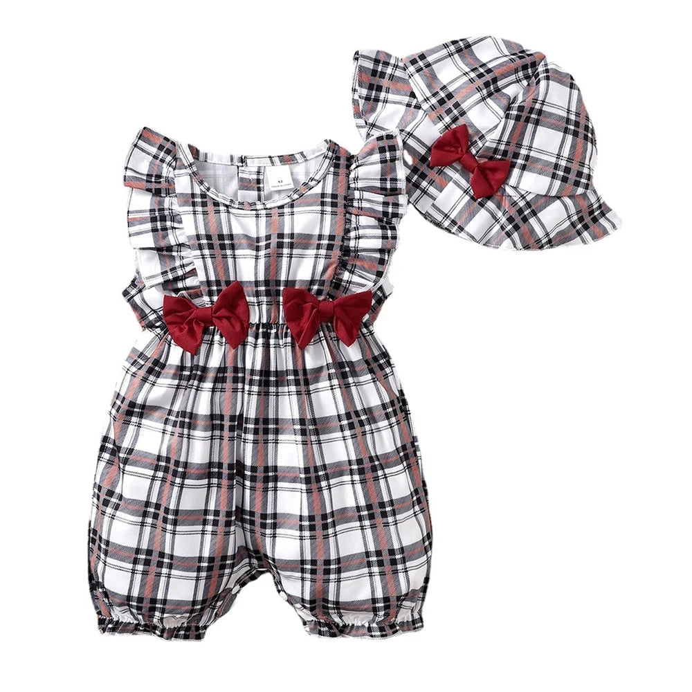 SunnyBloom Plaid Romper &amp; Hat Set – 0-18 Months